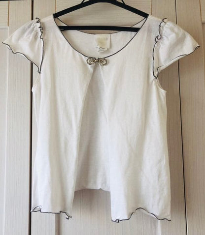 Anna Sui White Short Sleeve Cardigan XS Frill Ribbon Stickon Button Japan