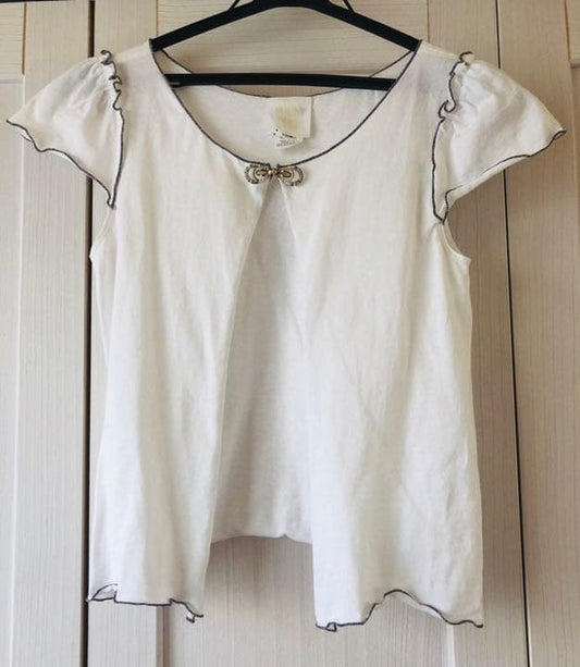 Anna Sui White Short Sleeve Cardigan XS Frill Ribbon Stickon Button Japan