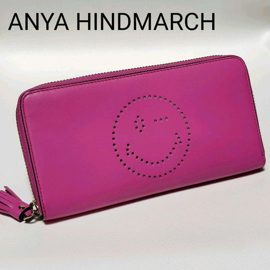 Anya Hindmarch Wallet Pink Leather Round Zipper Smile Limited Edition VHTF Popul