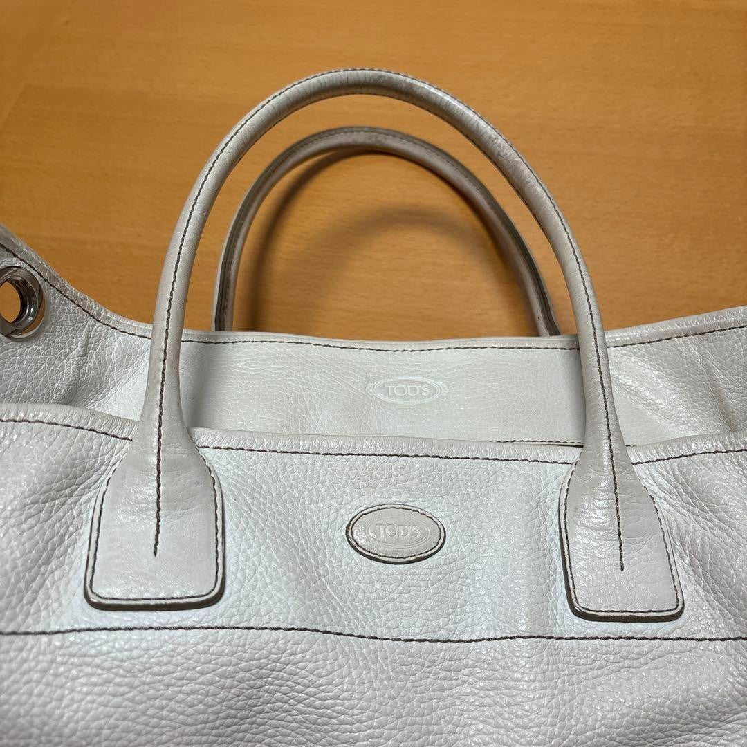 Used TOD'S Handbag Tote Bag Shoulder bag White Leather Logo embossed Japan F/S