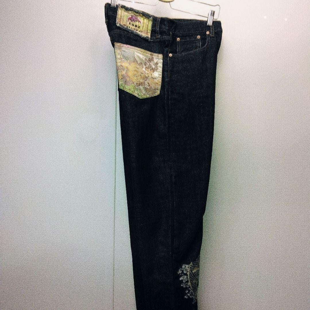 Hanatabi Gakudan Men's Denim Jeans Pants Koi Sakura Embroidered Blue 30