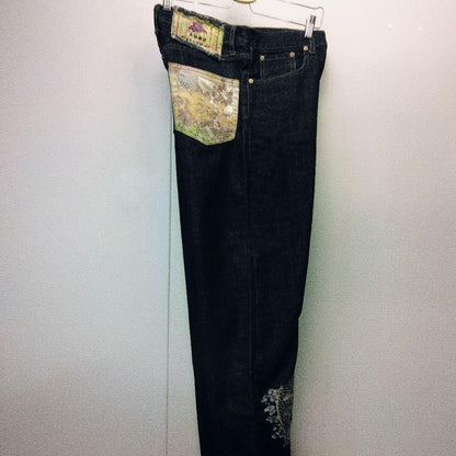 Hanatabi Gakudan Men's Denim Jeans Pants Koi Sakura Embroidered Blue 30