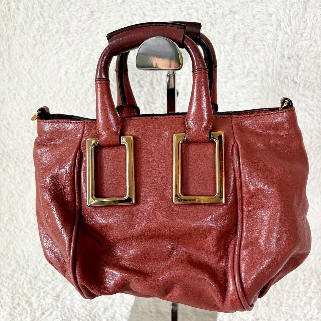 Chloe Ethel Handbag Red Orange Leather Logo Plate Top Handle No Strap Authentic