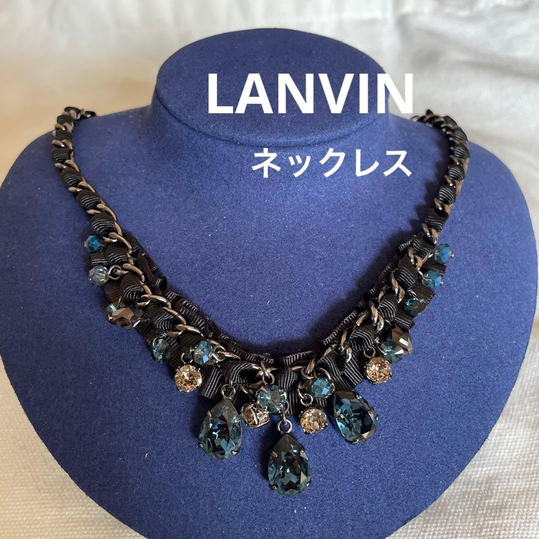 LANVIN Blue Stone Necklace Black Ribbon Elegant Designer Jewelry From Japan Rare