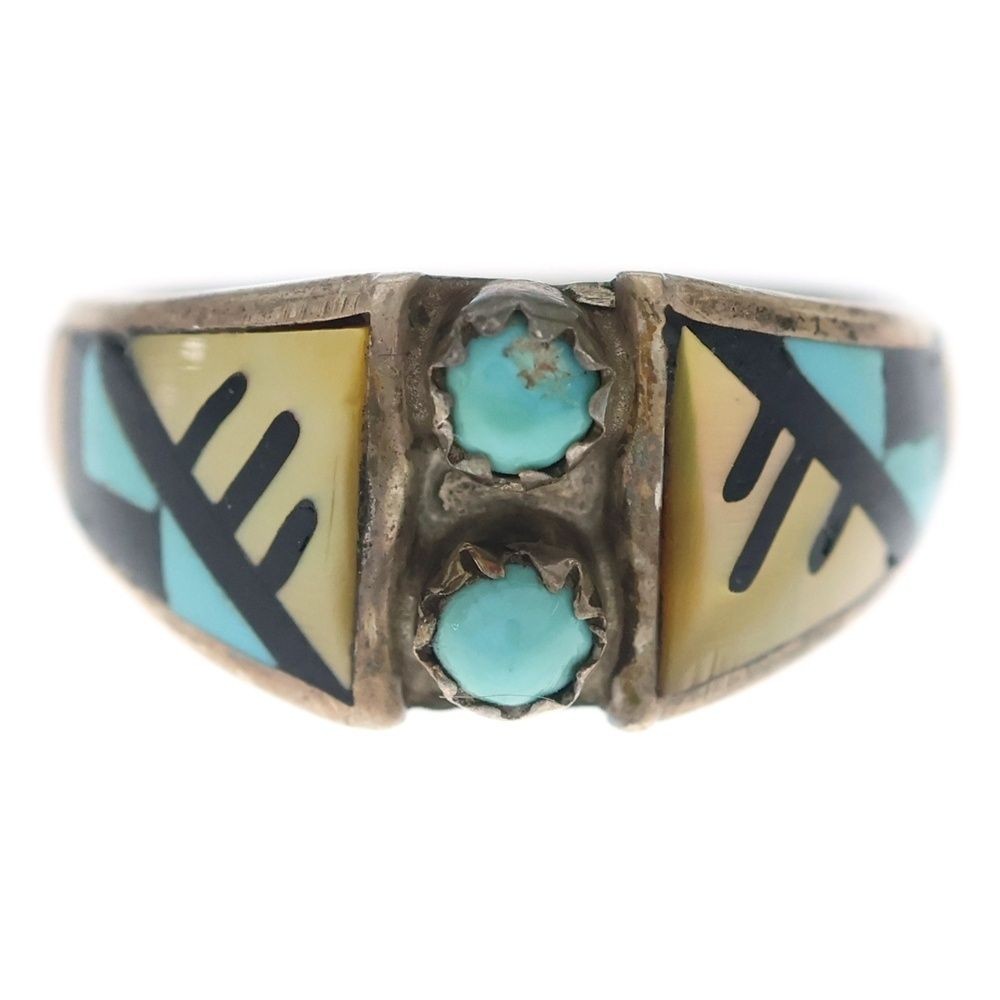 Indian Jewelry ZUNI CHOOKE Chalk Geometric Pattern Inlay Ring Silver/Turquoise
