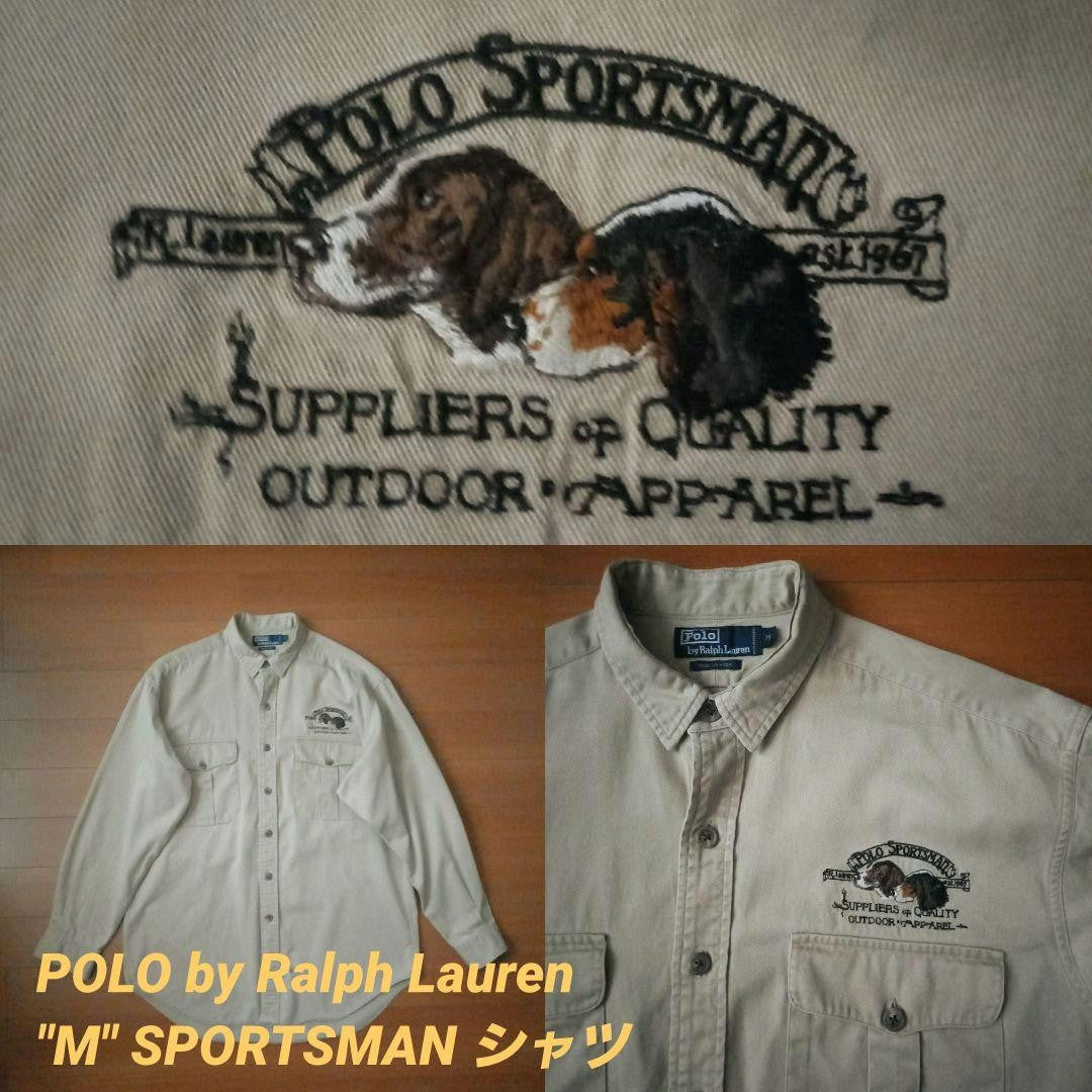 POLO by Ralph Lauren M Chino Shirt Hunting Dog Embroidery Beige Vintage EX