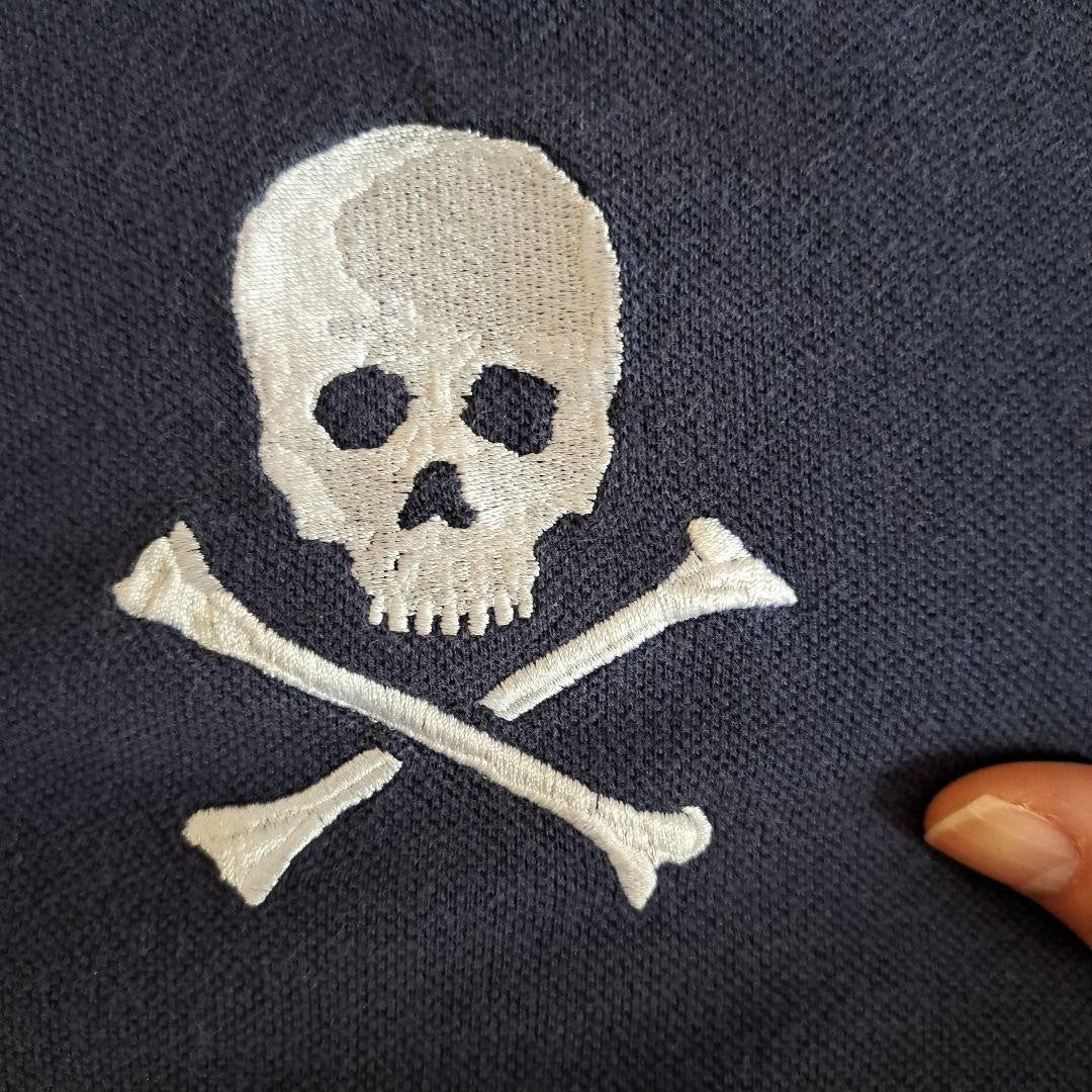 Navy Polo Shirt M Ralph Lauren Rugby Skull Embroidery 100% Cotton
