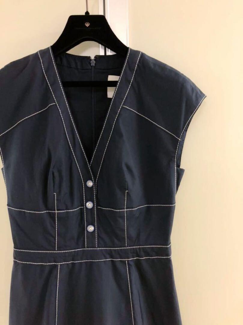 Carolina Herrera Navy White Sleeveless V-Neck Dress Size 2 Made in USA Rare Used