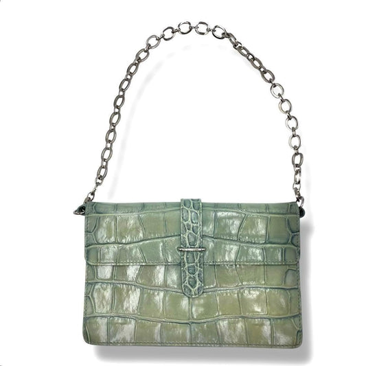 FURLA Croco Embossed Leather Shoulder Bag Green Small Brand Authentic