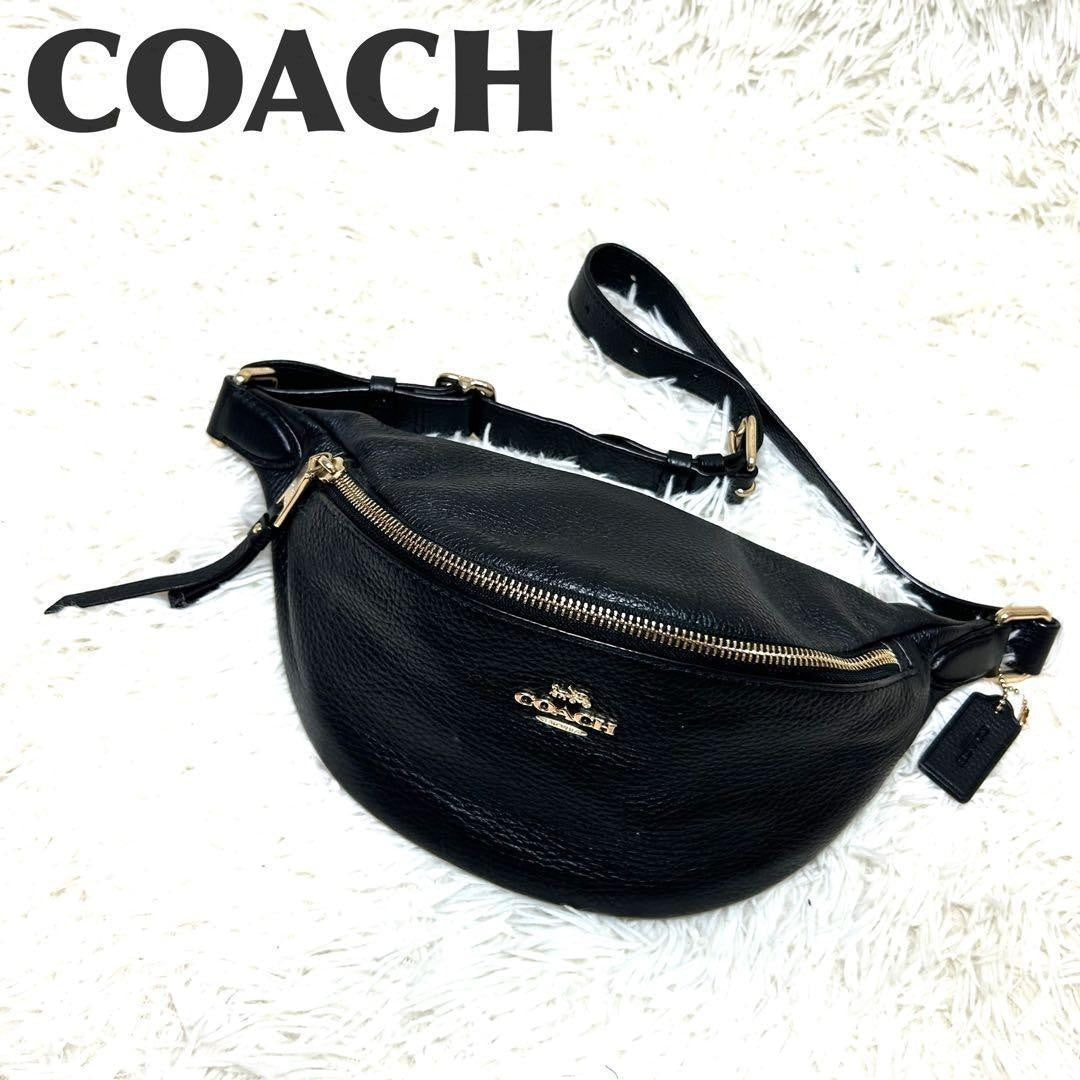 COACH F48738 Waist Bag Leather Black Gold Hardware Crossbody Unisex Genuine