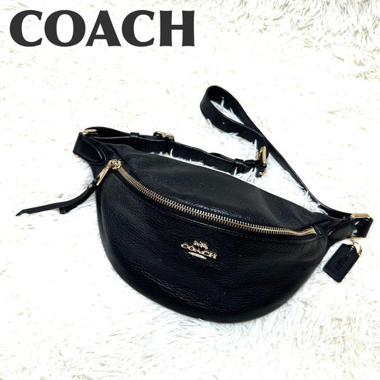 COACH F48738 Waist Bag Leather Black Gold Hardware Crossbody Unisex Genuine