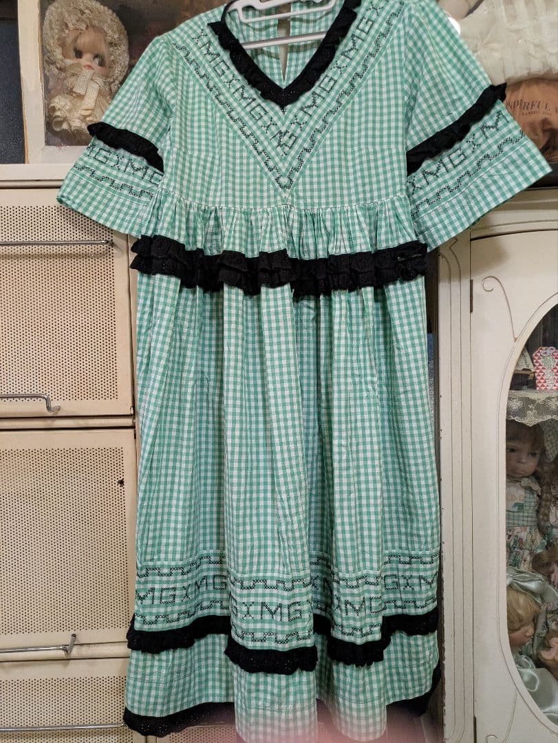 Molly Goddard Green Checkered Dress Black Lace V-Neck Embroidered
