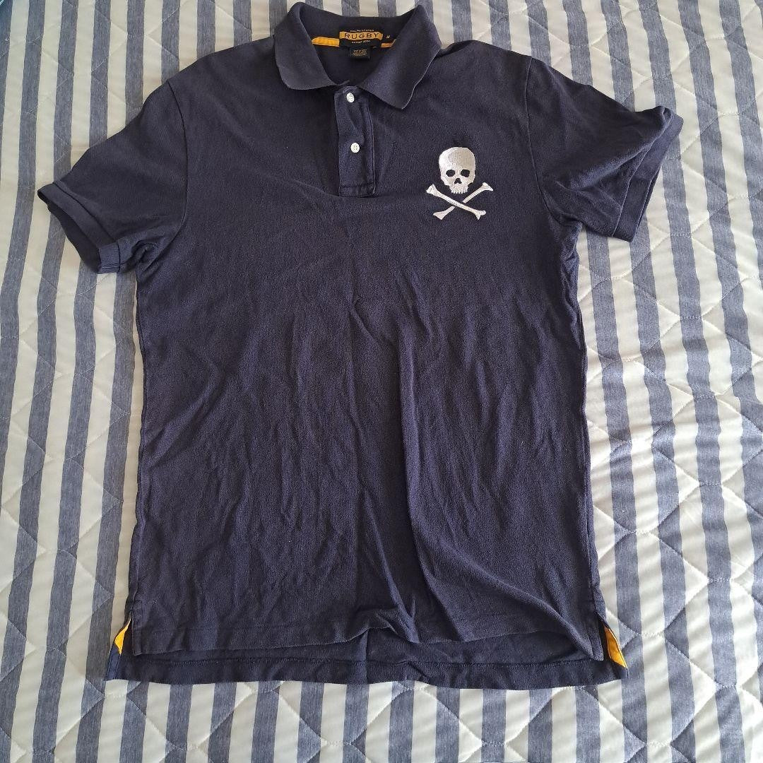 Navy Polo Shirt M Ralph Lauren Rugby Skull Embroidery 100% Cotton