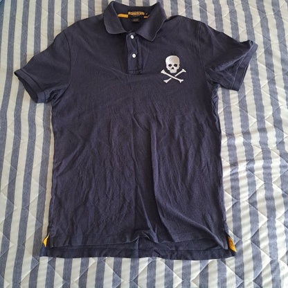 Navy Polo Shirt M Ralph Lauren Rugby Skull Embroidery 100% Cotton