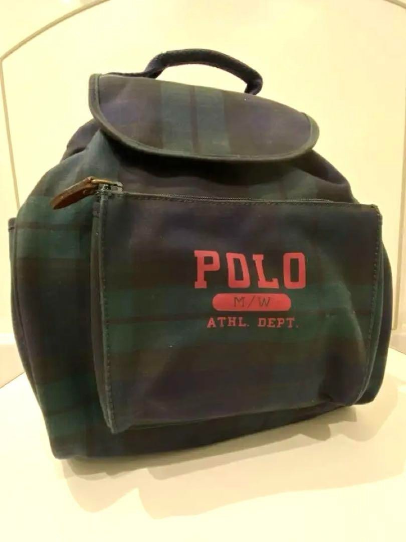 Vintage Polo Ralph Lauren Backpack Black Watch Plaid Canvas PVC 40x30x15cm