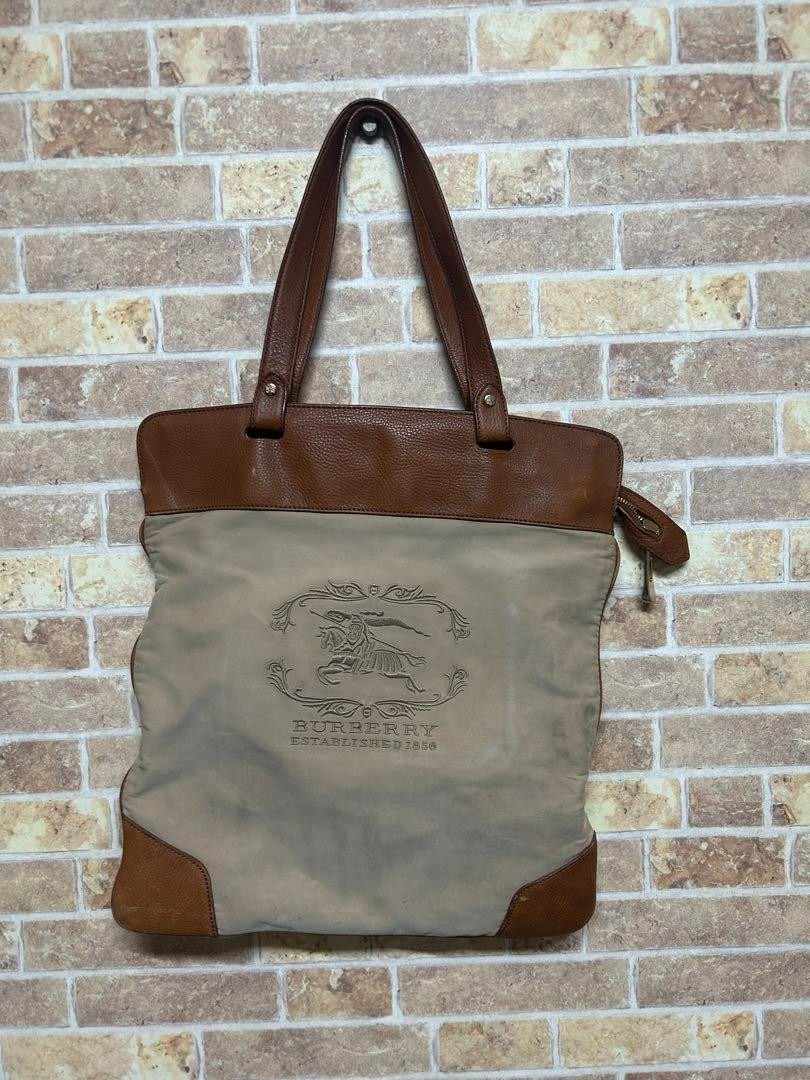 Burberry Knight On A Horse Logo Canvas Leather Tote Bag