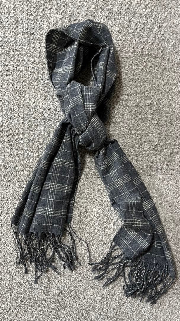 LORO PIANA Wool Check Scarf Gray Fringe 162x48cm