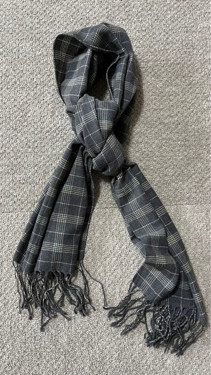 LORO PIANA Wool Check Scarf Gray Fringe 162x48cm