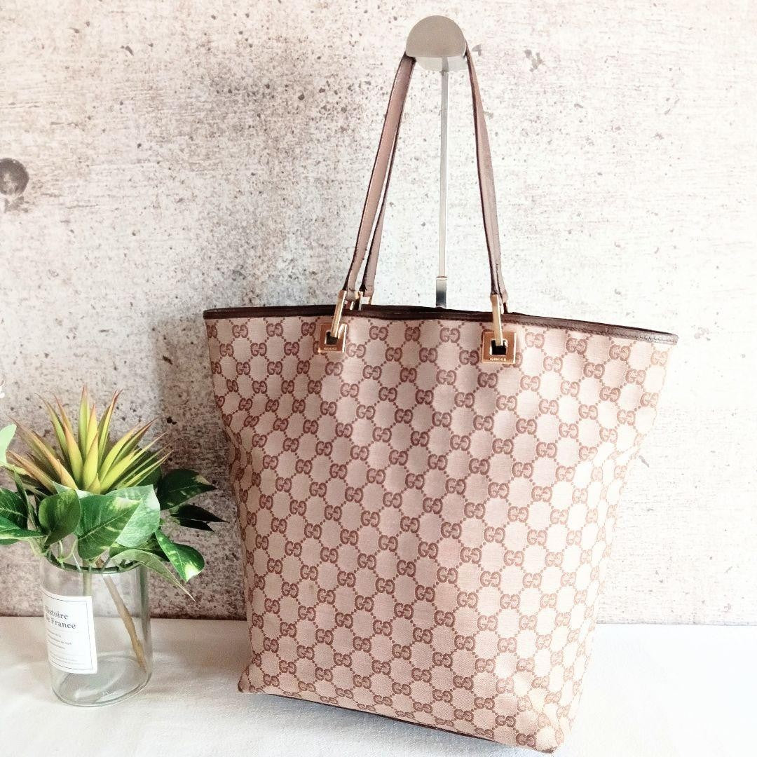 GUCCI GG Tote Shoulder Bag Leather Canvas Brown Beige Gold Hardware From Japan
