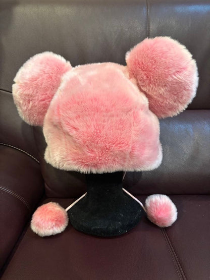 Tokyo Disney Minnie Mouse Pink Fur Hat with Pom-Pom & Ribbon, Rare japan