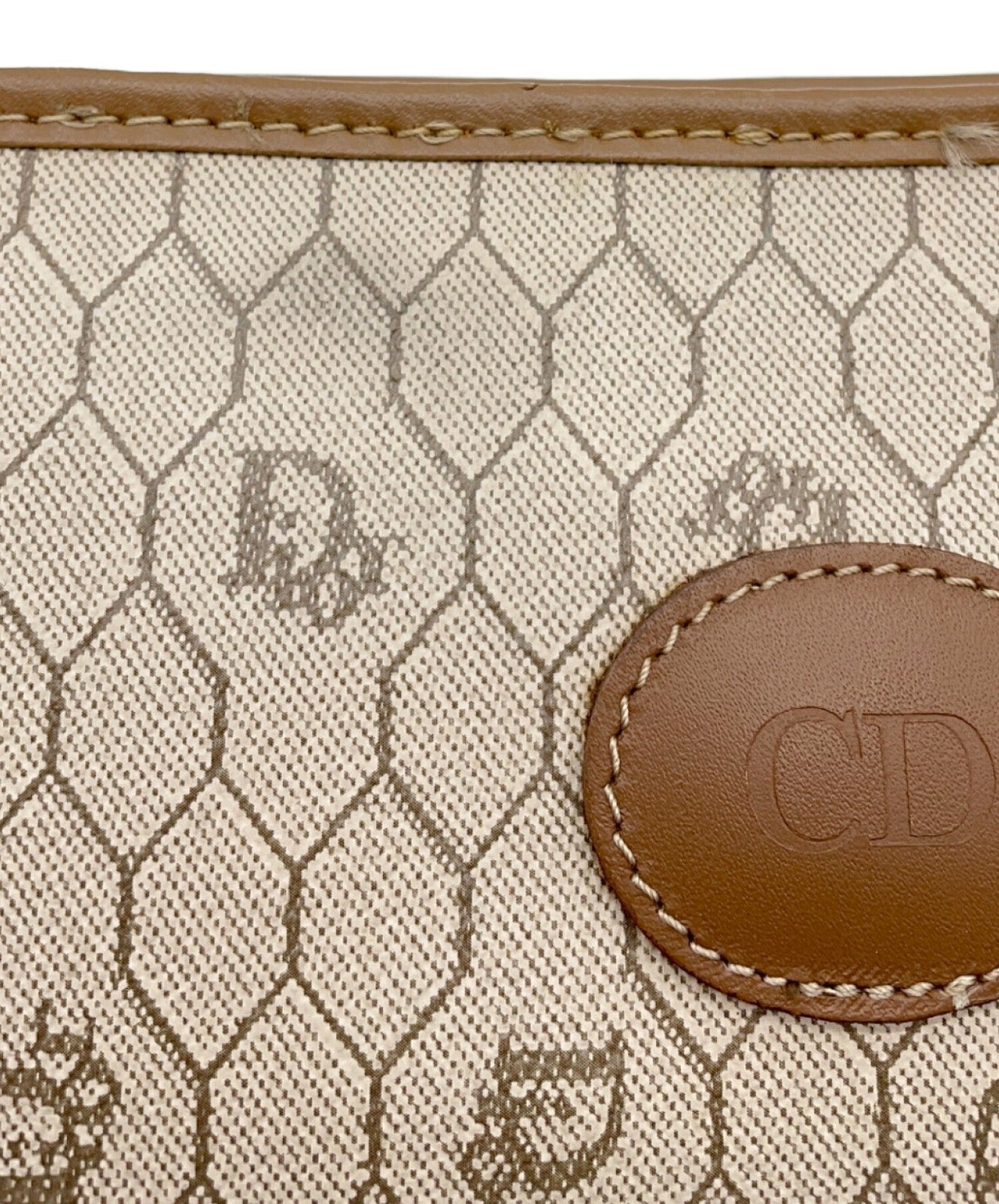 Dior Honeycomb Clutch Bag Beige Canvas Leather Vintage Authentic