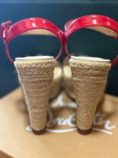 Rare Christian Louboutin Wedge Espadrille Sandals Navy Red Size 35