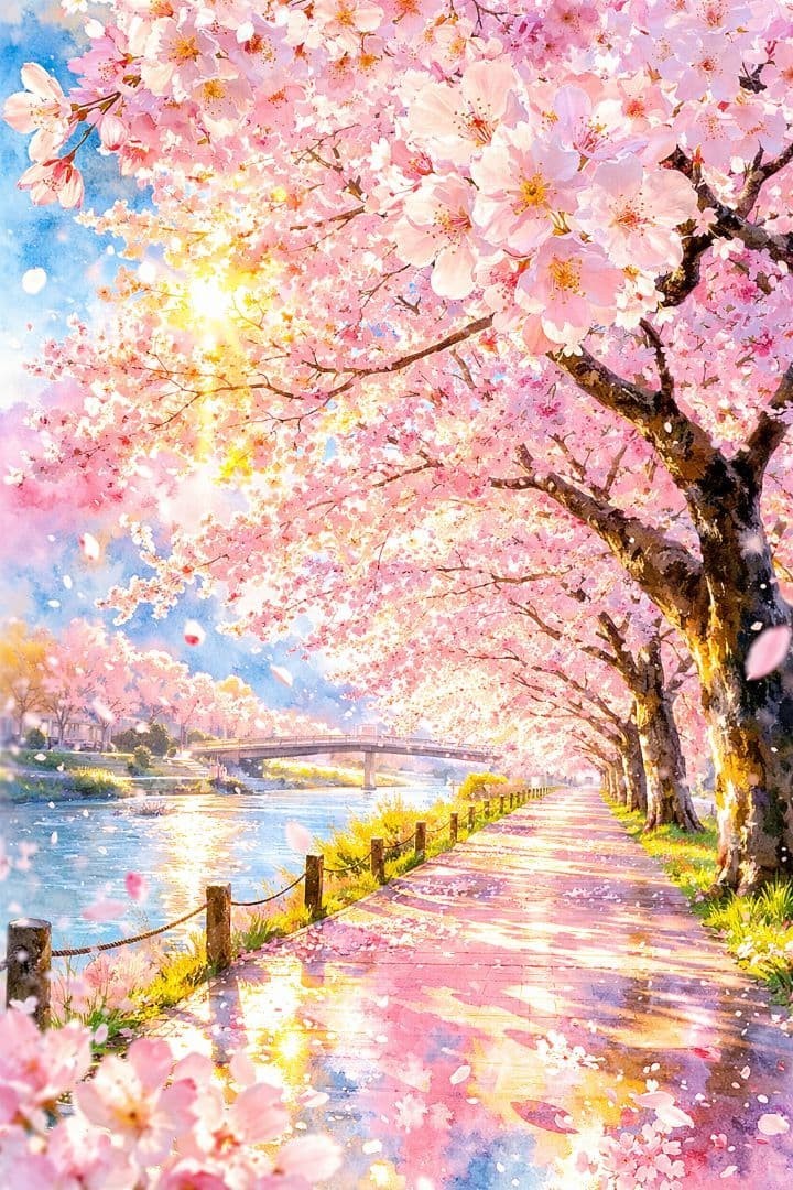Spring scenery, cherry blossom trees, digital art