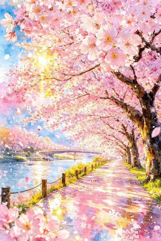 Spring scenery, cherry blossom trees, digital art