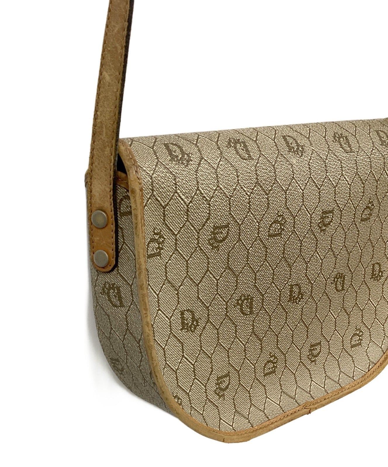 Dior Honeycomb Shoulder Crossbody Bag Beige Canvas Leather Vintage Auth 115534
