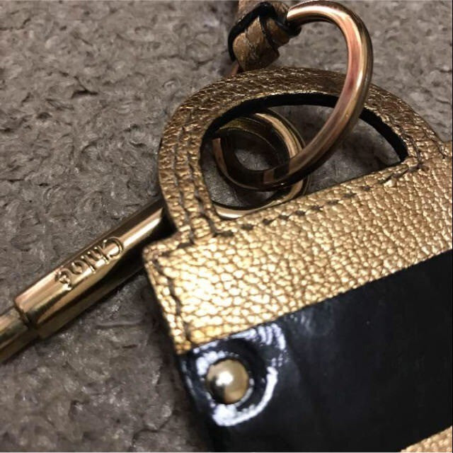 Authentic Chloe Women's Accessory Key shape Keychain Bag Charm Gold Black Logo