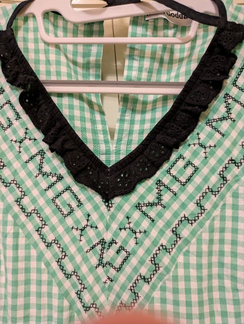 Molly Goddard Green Checkered Dress Black Lace V-Neck Embroidered
