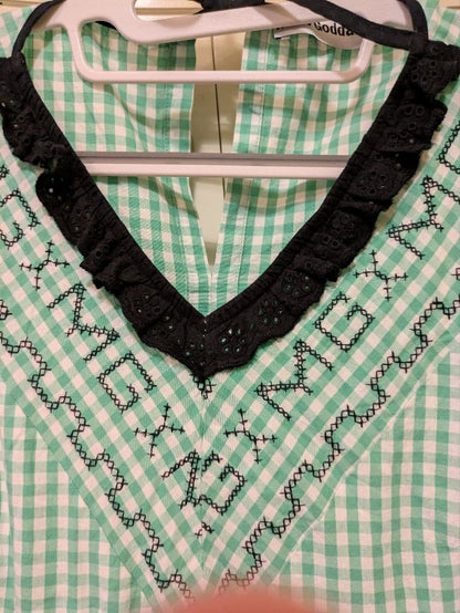 Molly Goddard Green Checkered Dress Black Lace V-Neck Embroidered
