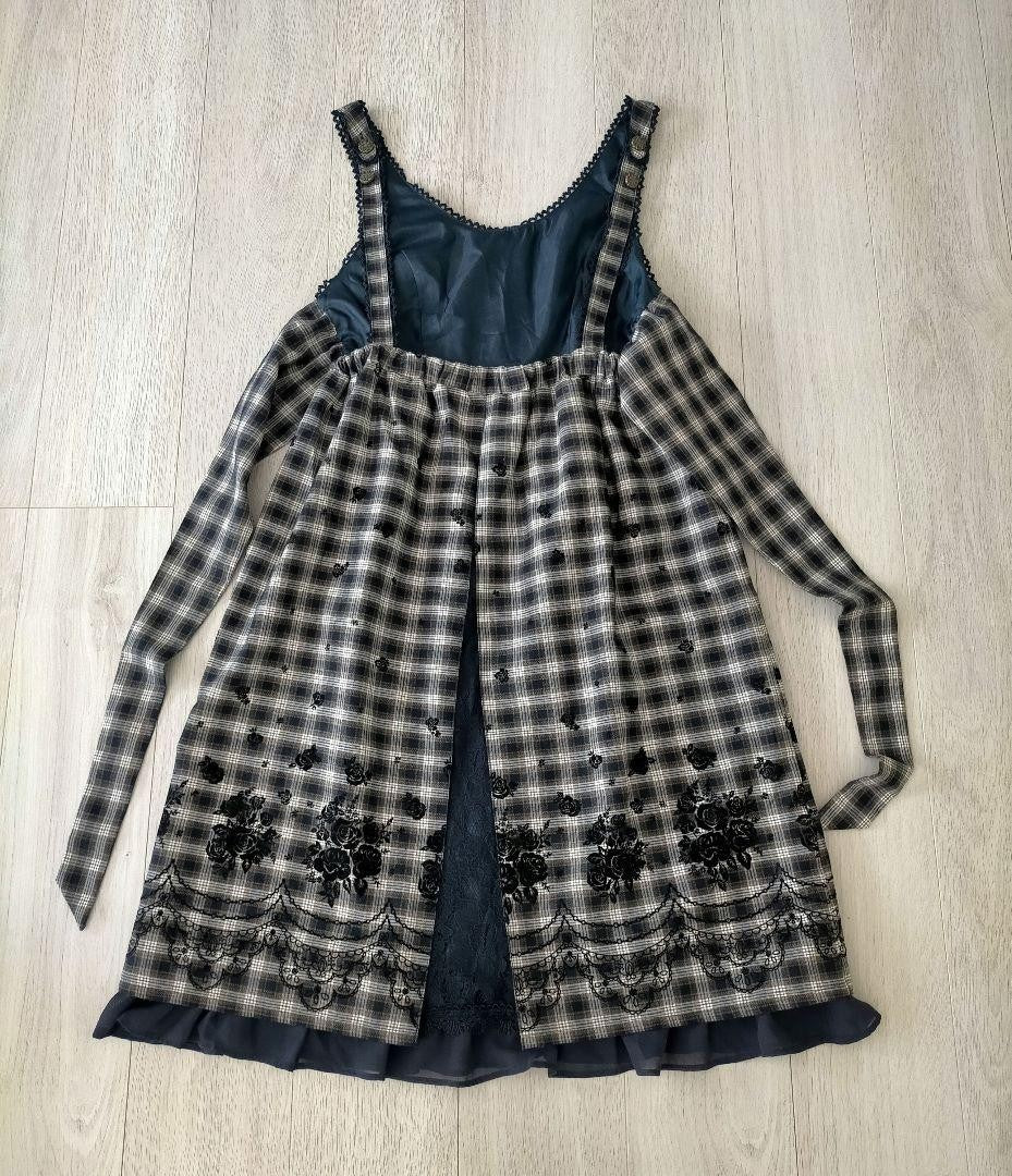 Axes Femme Plaid Embroidery Ribbon Dress Navy Japan
