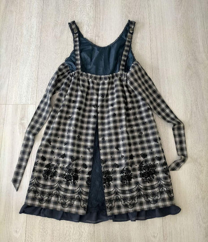 Axes Femme Plaid Embroidery Ribbon Dress Navy Japan