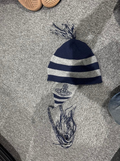 Vivienne Westwood Navy Gray Stripe Knit Hat with Ship Embroidery, 90s-2000s Use