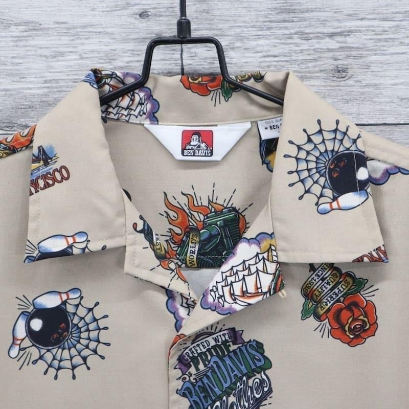 Rare Ben Davis Ink Full Pattern Tattoo Print Open Collar Shirt L