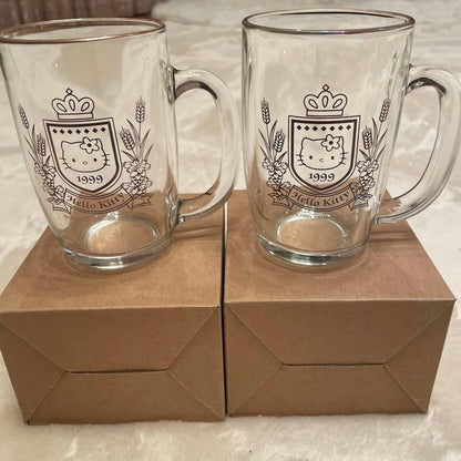 Rare 1999 Hello Kitty Glass Beer Mug Cup Set Emblem Design