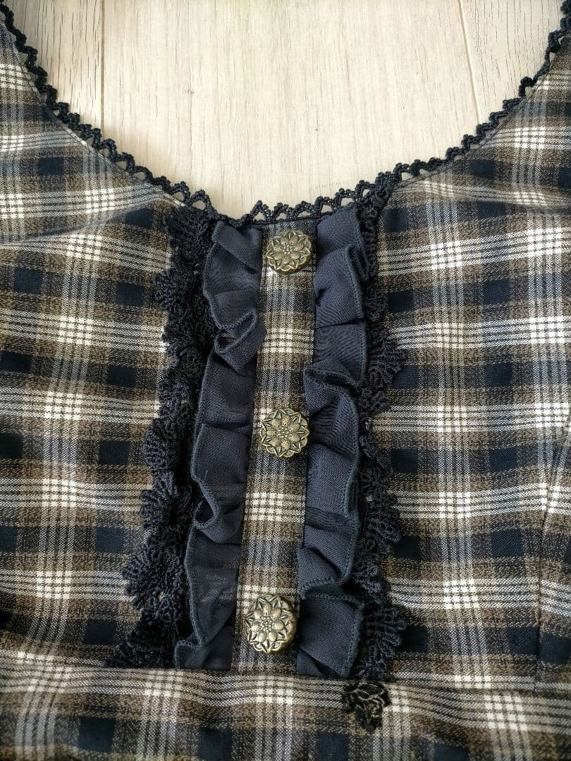 Axes Femme Plaid Embroidery Ribbon Dress Navy Japan