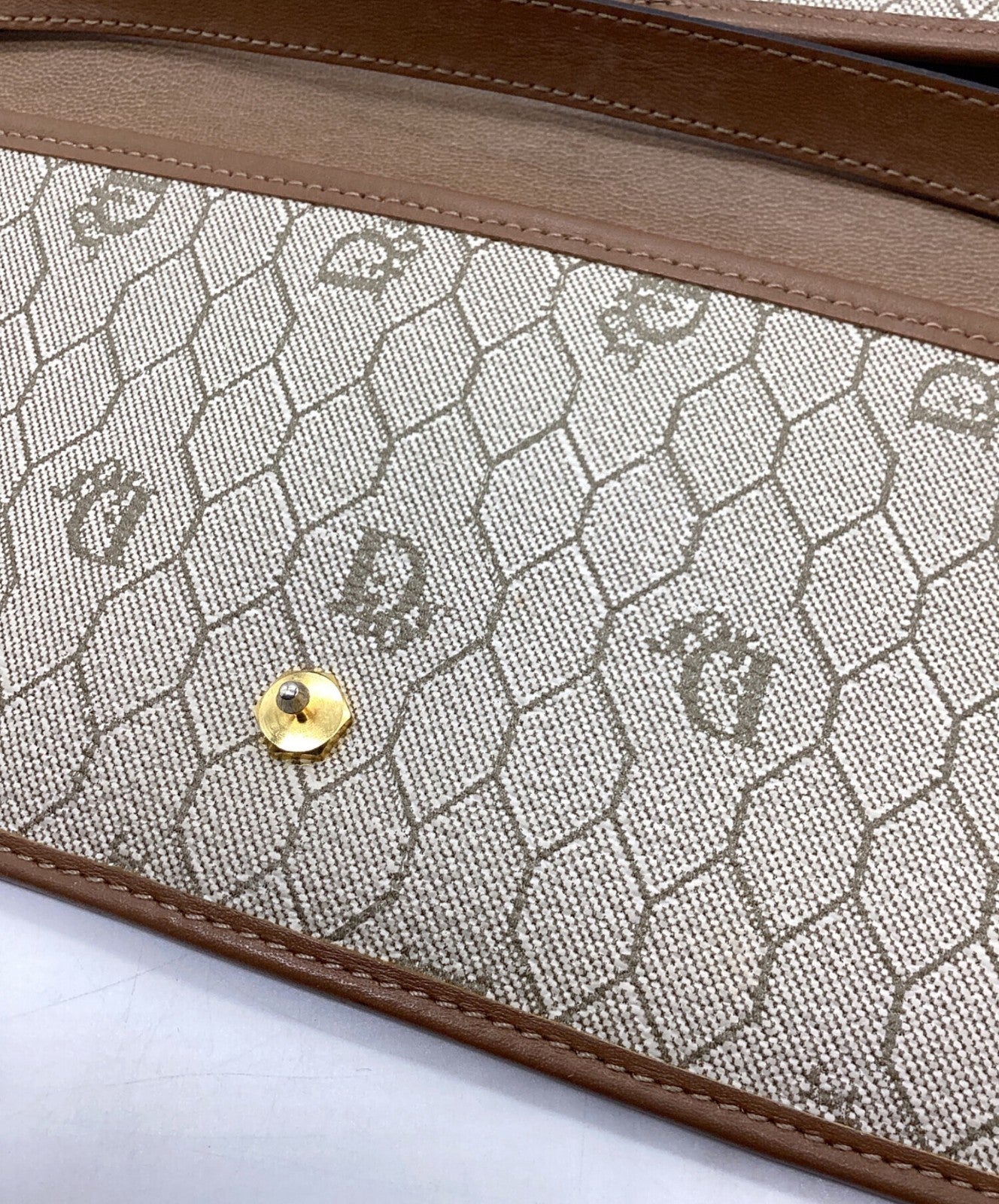 Dior Honeycomb Chain Shoulder Crossbody Bag Beige Canvas Leather Vintage Auth
