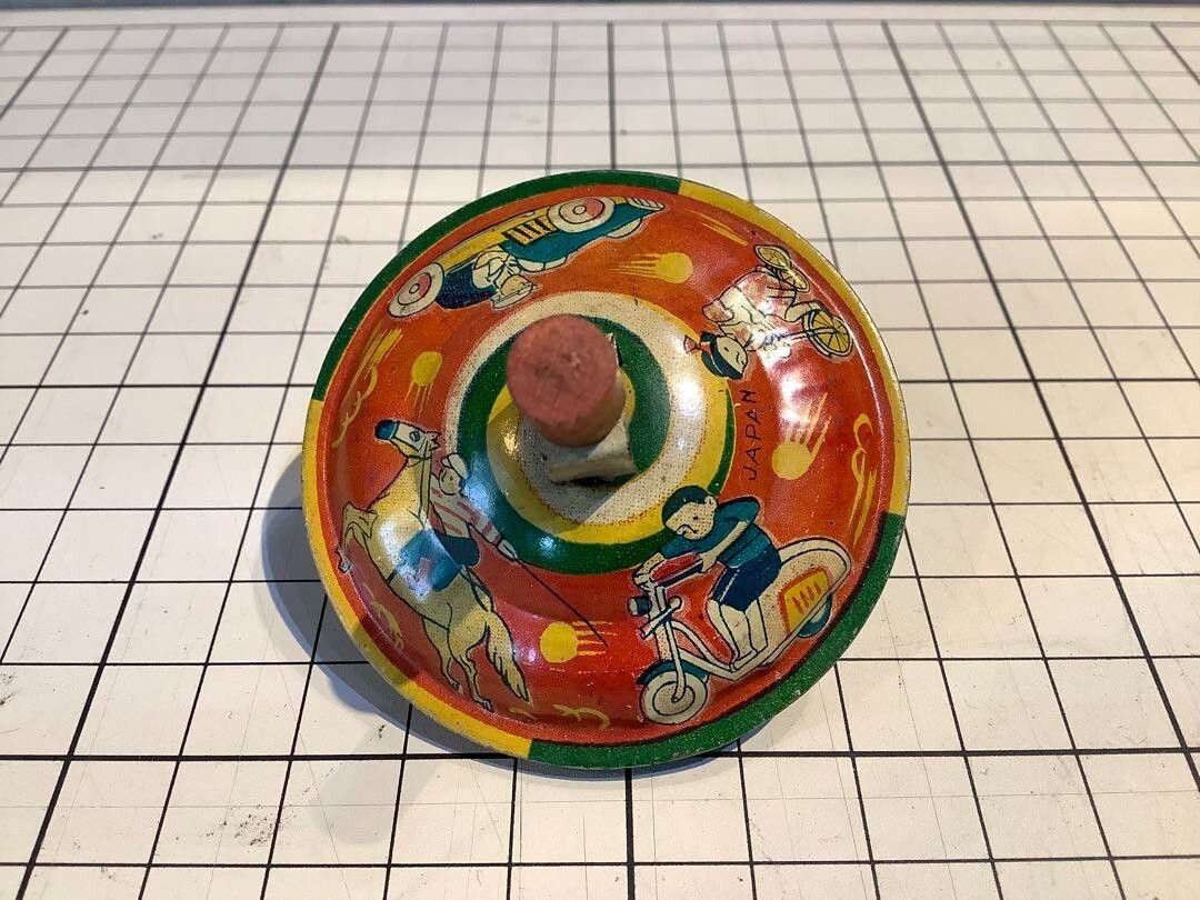 Vintage Japanese Tin Toy Spinning Tops Set of 5, 55mm, Collector's Item