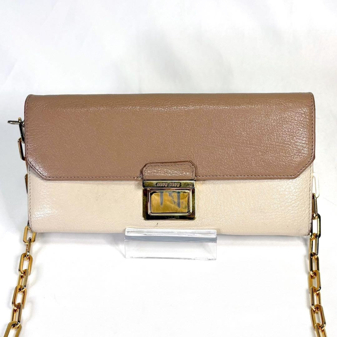Miu Miu Chain Wallet Leather Pink Gold Auth am8441