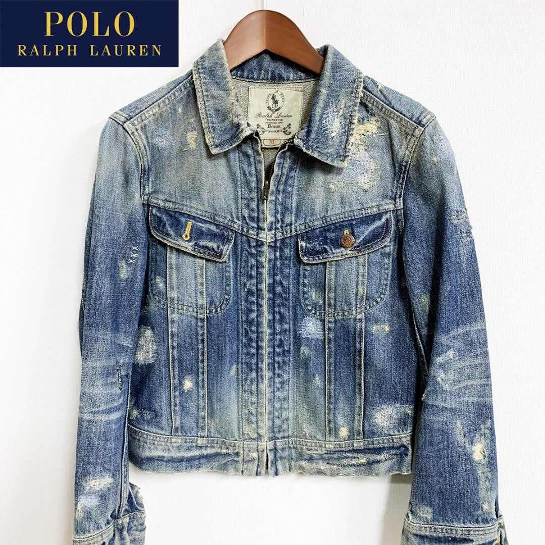 POLO RALPH LAUREN Distressed Denim Jacket Cotton Women Size L USED JAPAN