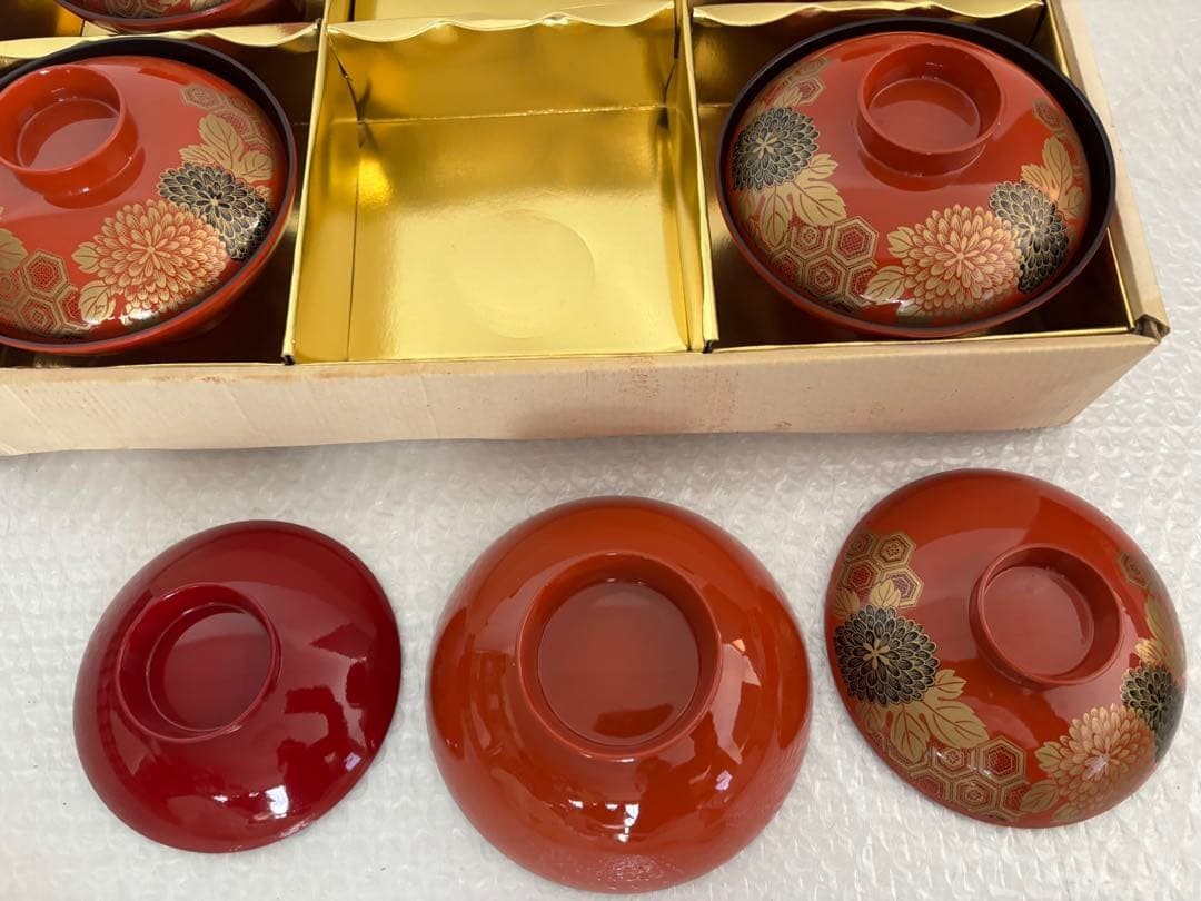 Japanese Lacquered Bowls & Sake Cup Set - Chrysanthemum Design, Red & Black