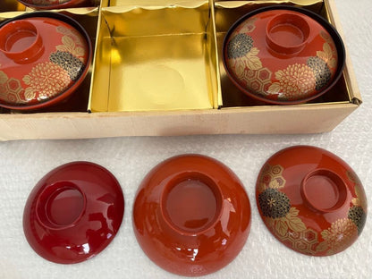 Japanese Lacquered Bowls & Sake Cup Set - Chrysanthemum Design, Red & Black