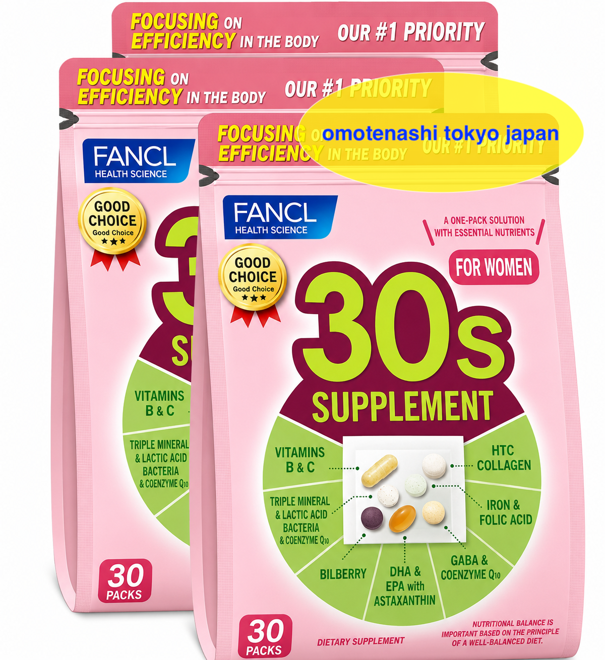 FANCL Supplement for 30's Women 90 days Collagen Q10 Lutein Vitamin set of 3 JP