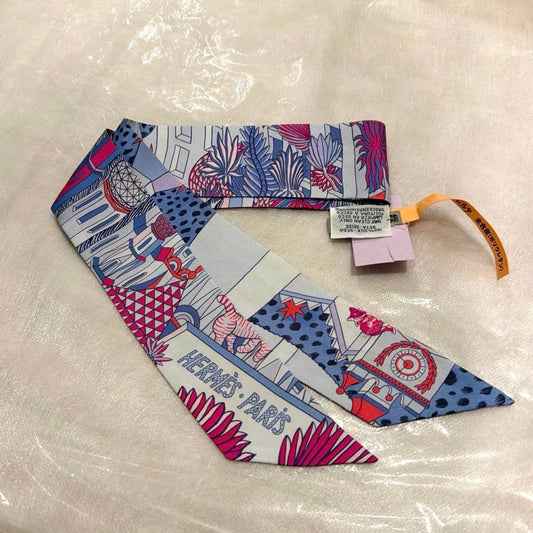 HERMES Animapolis Twilly Silk Scarf Red Color Used Authentic Rare Vintage
