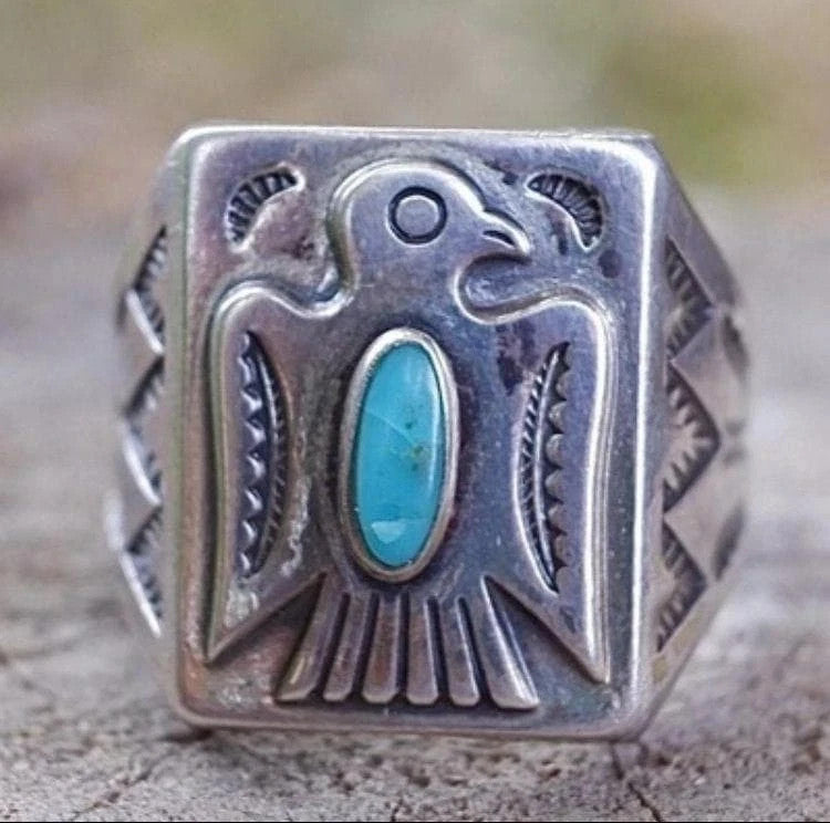 Men's Ring, Eagle Turquoise Ring, Silver, Indian Vintage, US Size 11