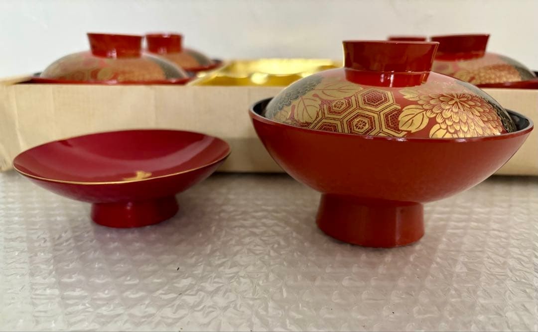 Japanese Lacquered Bowls & Sake Cup Set - Chrysanthemum Design, Red & Black