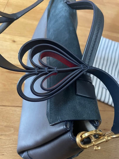 ANYA HINDMARCH Heart Shoulder Bag Navy Silk Calf Suede Leather