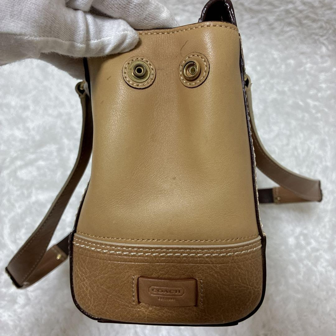 Coach Signature Hamptons Leather Tote Bag Brown Beige Vintage Authentic